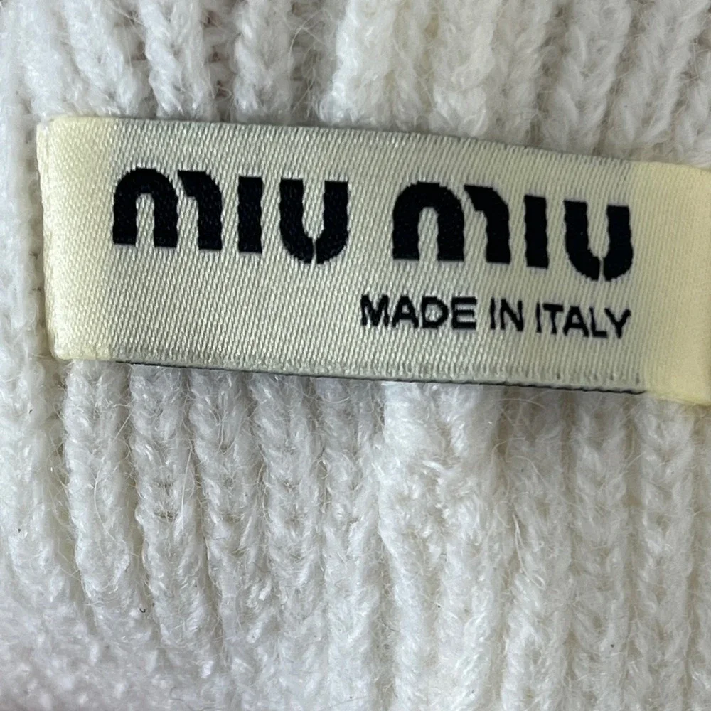 Miu Miu Cream White Ribbed Mohair Blend Beanie Logo Patch Made in Italy Hat